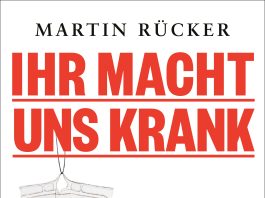 Cover von „Ihr macht uns krank“ von Martin Rücker: Das Cover zeigt einen Infusionsbeutel mit ungesundem Essen, darunter in großen roten Buchstaben der Titel und die Unterzeile in kleinerer Schrift.